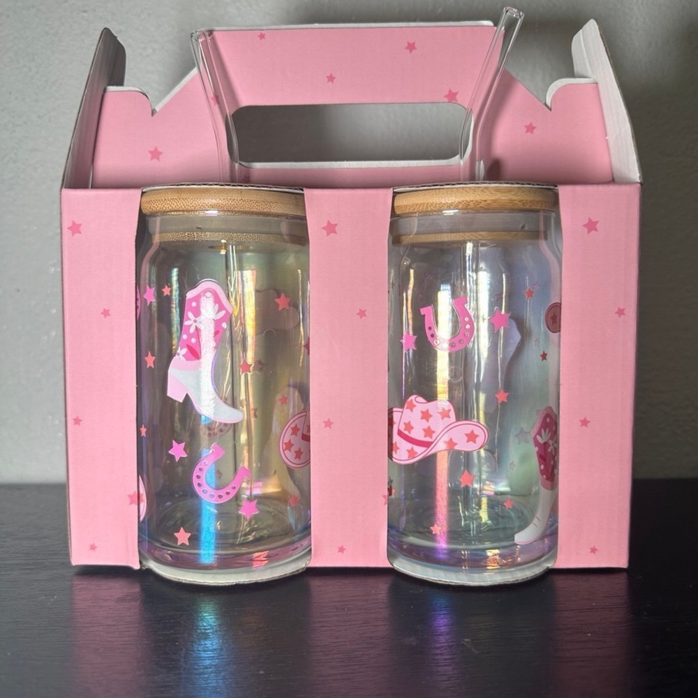 Pink Cow Girl Glass Cups set of 2. These are 16.9 oz cups from a smoke-free home